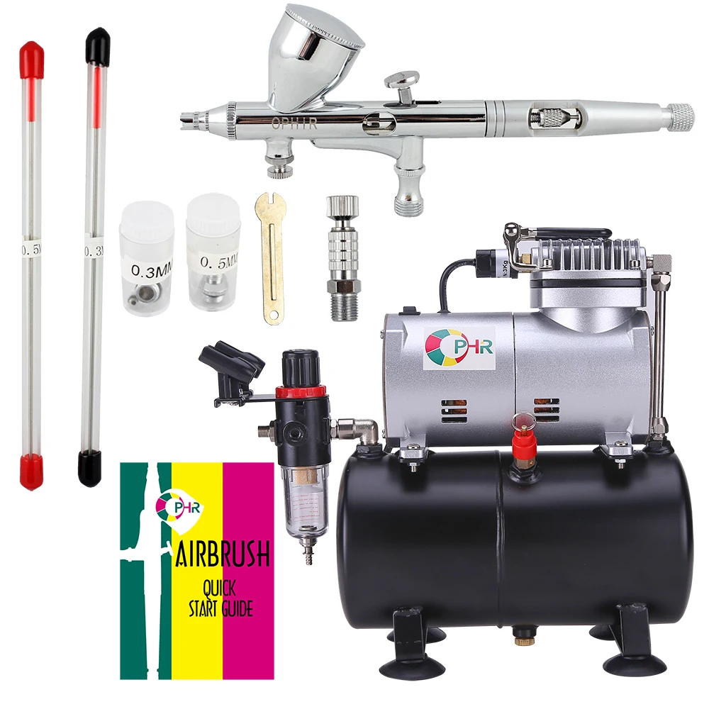 Enlarge OPHIR Pro Dual-Action Airbrush Gun 3 Tips 0.2mm 0.3mm 0.5mm with Air Compressor for Tattoo Body Paint Hobby 110V,220V AC090+070