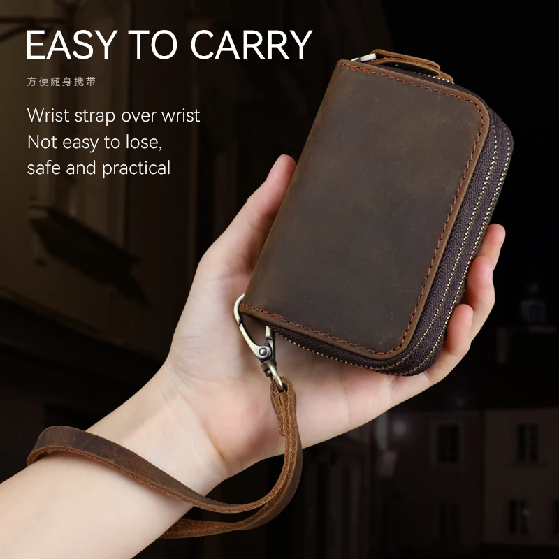 Classic Men's Coin Purse Handmade Genuine Leather Household Key Holder Wallet Double Zipper Card Slot Pouch Vintage Money Bag