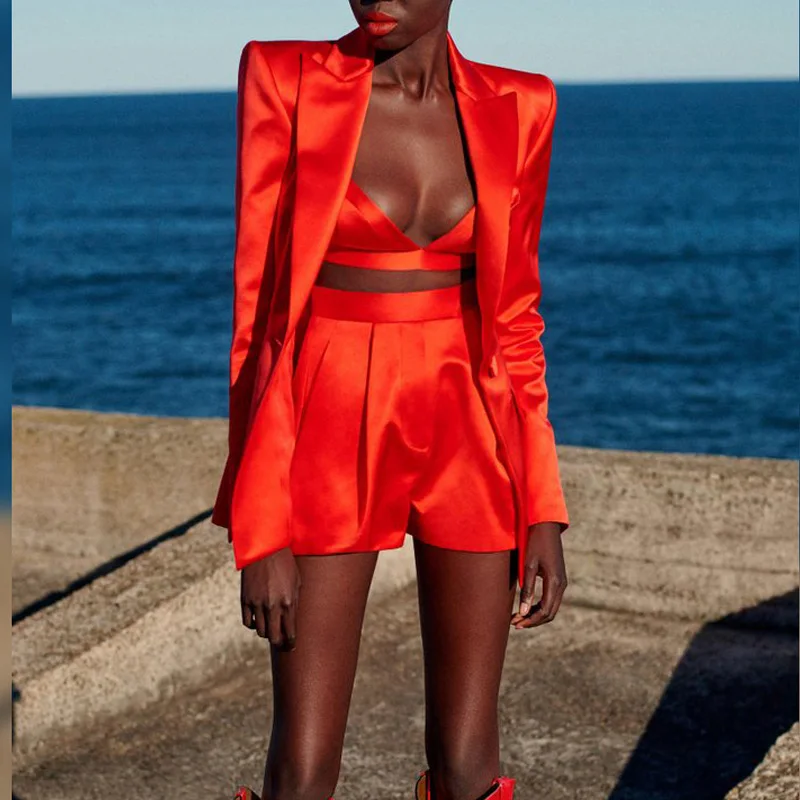 Free Shipping 2021 New Red Long Sleeve V-Neck Sexy Suit Top&Shorts Three-Piece Suit Celebrity Beach Party Sets