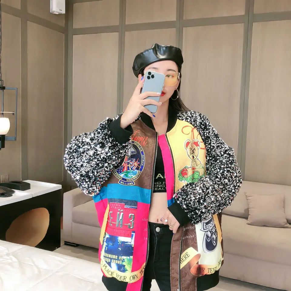 

European station autumn and winter new foreign style printed Sequin jacket jacket