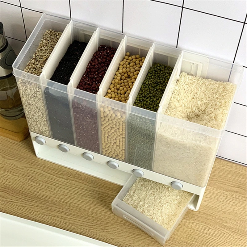

Wall Mounted Food Dispenser,Whole Grains Rice Bucket,Large Capacity 6-Grid Storage Dry Food Dispenser, Dry Food Fruit