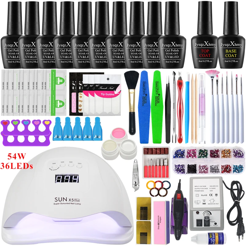 54w select 10 color 84/54/24 Вт Супер Дизайн ногтей маникюрный набор с светодиодный лампы для ногтей маникюр набор акриловых 18/10 видов цветов нейл-арта набор инструментов для ногтей маникюрный набор для ногтей - Цвет: 54w select 10 color