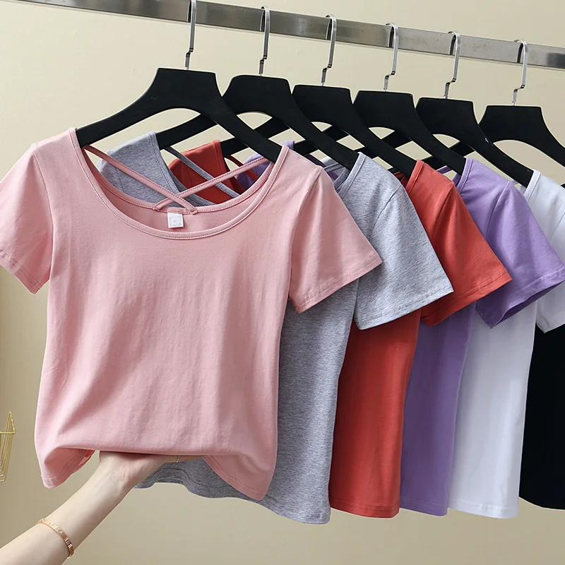 

Fashion Womens 95% Cotton T-Shirt Pure Color Tees Women Short Sleeve T shirt Summer Female Slim Tops Casual T shirts Clothing
