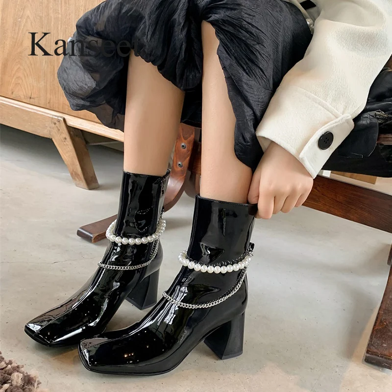 

Kanseet 2021 Autumn Winter Women Ankle Boots Pearls Chain Decoration Black Thick Heels Shoes High Heels Short Boots Zip Size 40