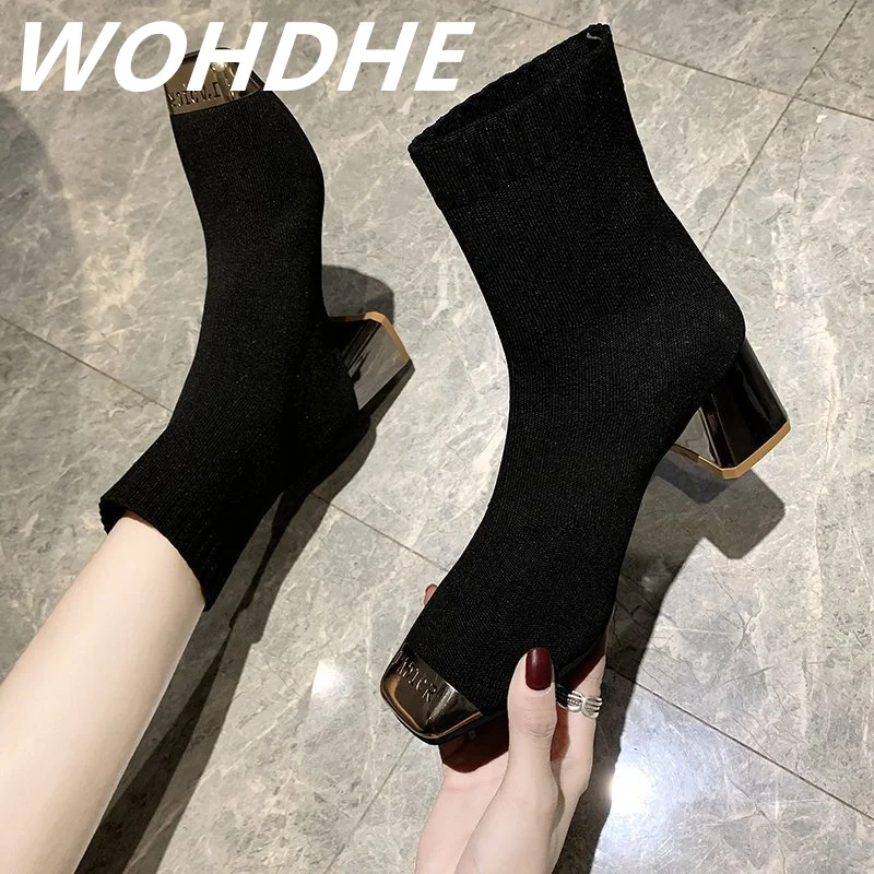 

WOHDHE Women Modern Shoes Slip-on Chunky Med Heel Square Toe and Heel Boots Metal Decoration Mid-calf Solid PU Leather Mature