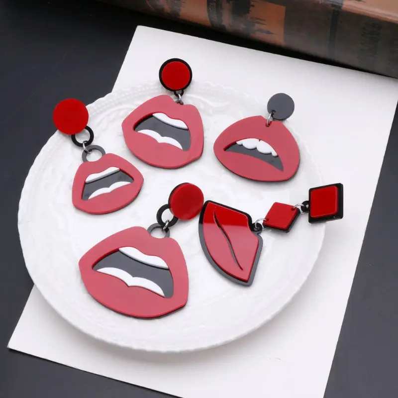 

Acrylic Big Red Lips Fun Kiss Drop Earring Novelty Bib Fashion Jewelry for Women
