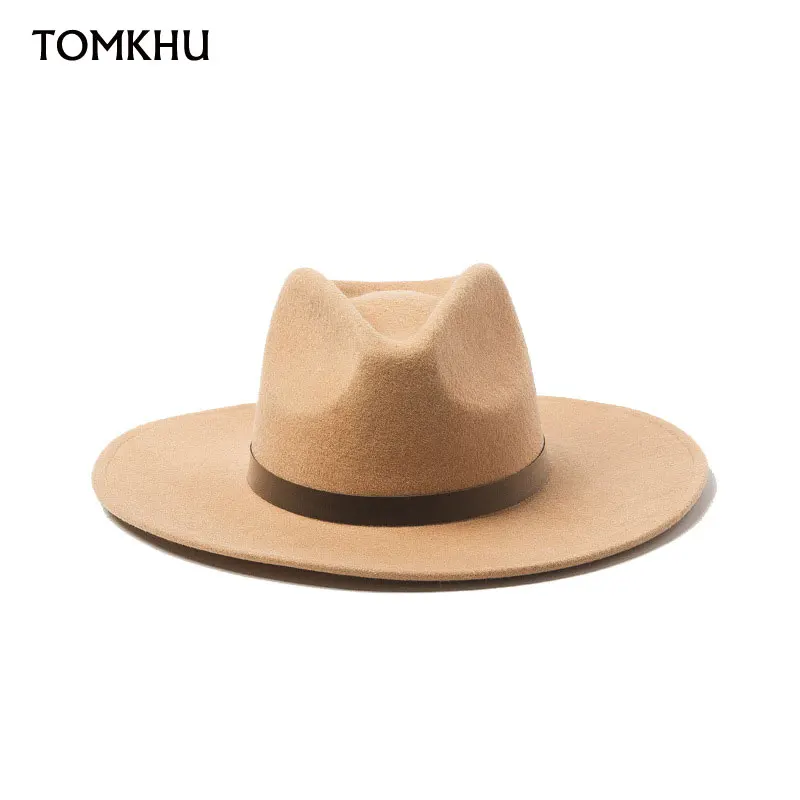 Classical Pure Wool Felt Hat For Female Wide Brim Fedora Hat Simple PU Leather Band Fall Winter Hat Black Derby Sombrero Mujer