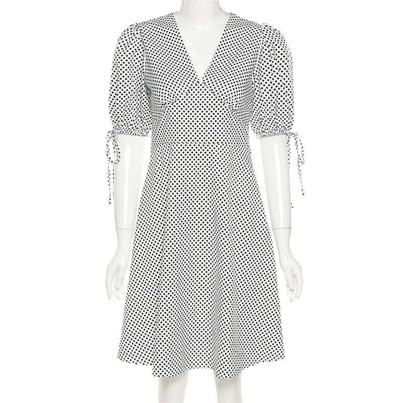 

Ladies Polka Dot Print Dress Summer Lantern Sleeve Waist Short Sleeve Casual Elegant V-neck Mini Skirt Street A-line Dress