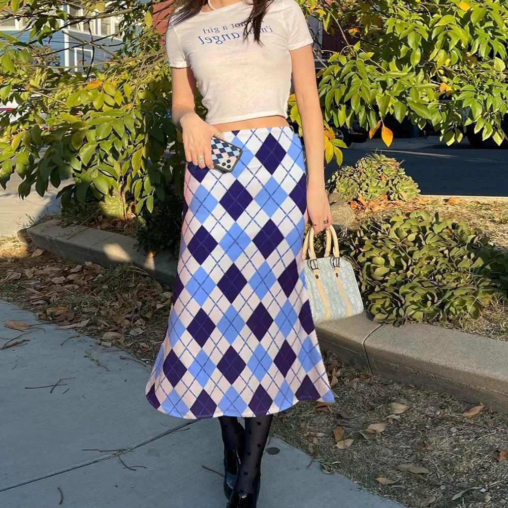 

Missme, связанное с узором "ромбиками" миди-юбка в стиле Харадзюку, в стиле хиппи, в клетку с высокой талией Летние Y2k длинные юбки женские прямые...