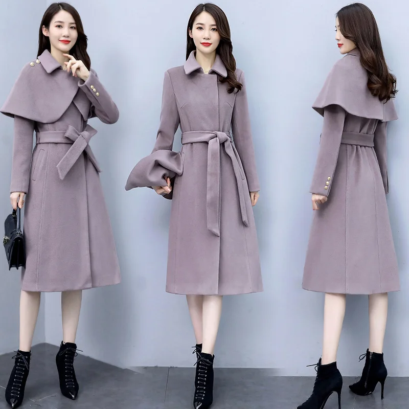 

Женская твидовая накидка средней длины, осенне-зимнее тонкое пальто выше колена с завышенной талией в Корейском стиле, 2020