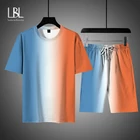 Мужская одежда, летний лоскутный спортивный костюм, короткий рукав, 2 предмета, спортивная одежда для тренировок, мужские шорты, комплект, футболка и шорты, 2021