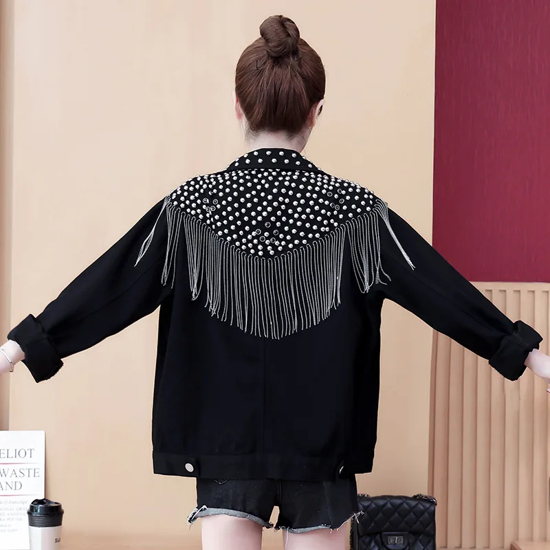 

heavy industry drilling rivets long sleeve Korean Denim coat new tassel loose skinny fashion denim coat