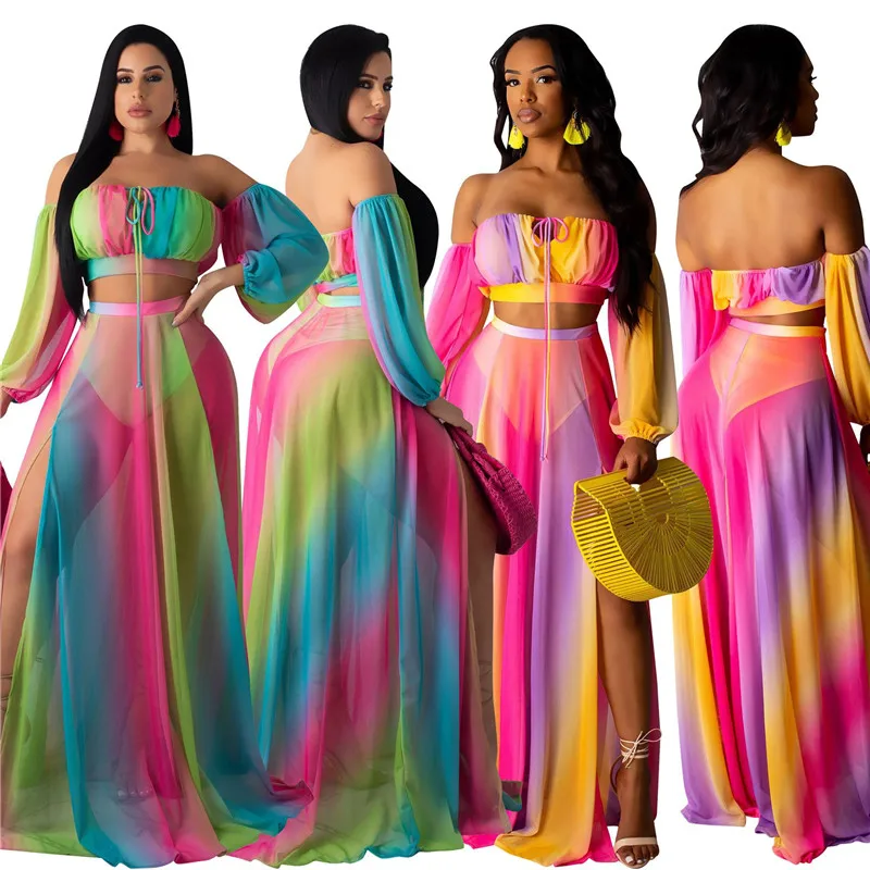 Летнее шифоновое платье-макси с открытыми плечами женское прозрачное пляжное