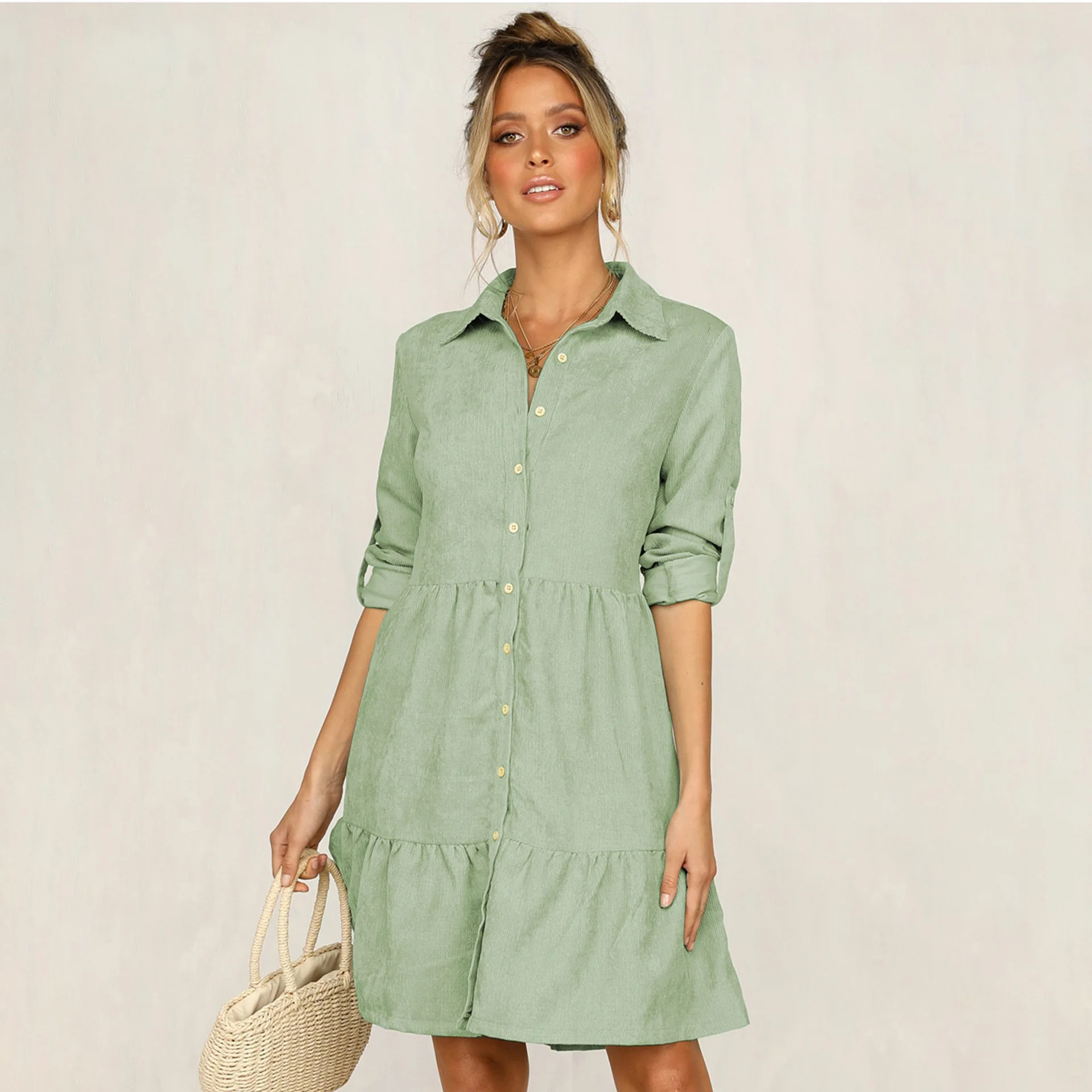 

Autumn Winter Thousand Velvet Solid Color Lapel Midi Dress Women Long Sleeve Button Shirt Dress Long Sleeve Casual Loose Dresses