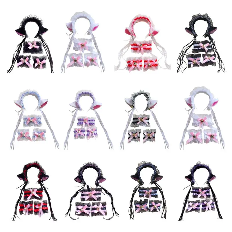 

Anime Lolita Cosplay Plush Ears Badnana Bowknot Bell Lace Necklace Wristband XX9D