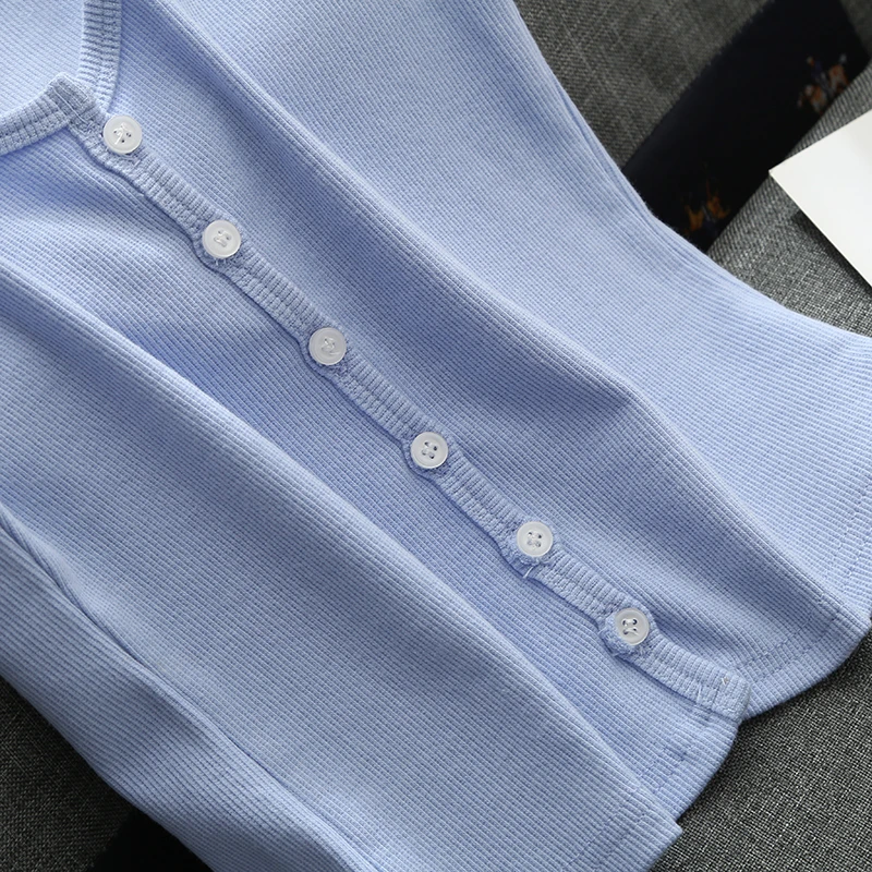 

Slim girls soft knitted bomb short blouses 2020 summer fashion ladies elegant button tops knitwear female shirts women chic