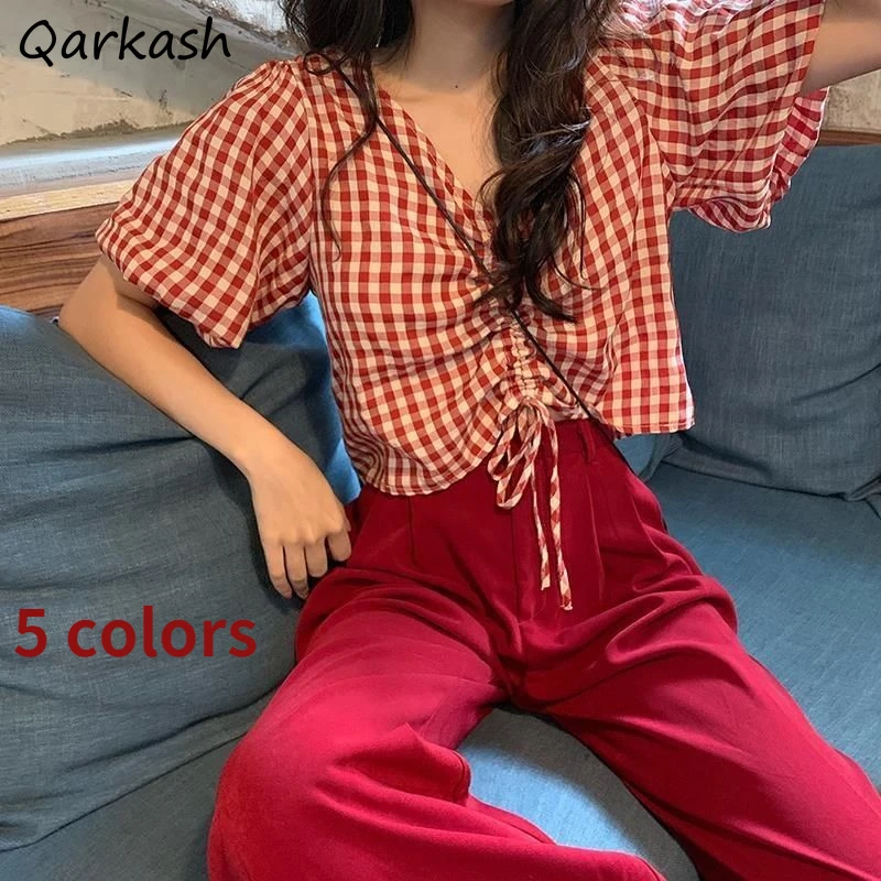 

Plaid Blouses Women Bandage V-neck Design Crop Top Summer College All-match 5 Colors Leisure Harajuku Vintage Female Fashion Ins
