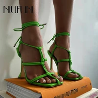 new gladiator ankle strap womens shoes high heels square toe cup heels manual woven lace up sandals hollow stiletto party shoes