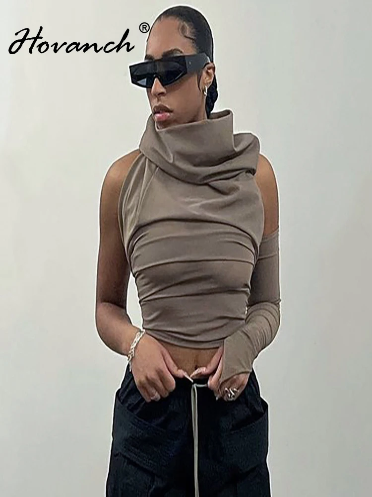 

Hovanch Solid Color Single Sleeve Off Shoulder Hooded Off Back Casual T-Shirt Top 2021 Winter Fashion Party Street Wear