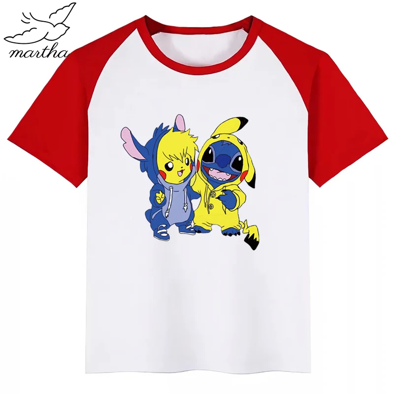 Детская забавная футболка с рисунком Стича и Пикачу круглым вырезом для