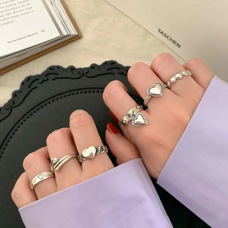 

S925 Sterling Silver Rings for Women Fashion Love Heart Shape Retro Hip Fashion Ring Jewelry Accessories Wholesale