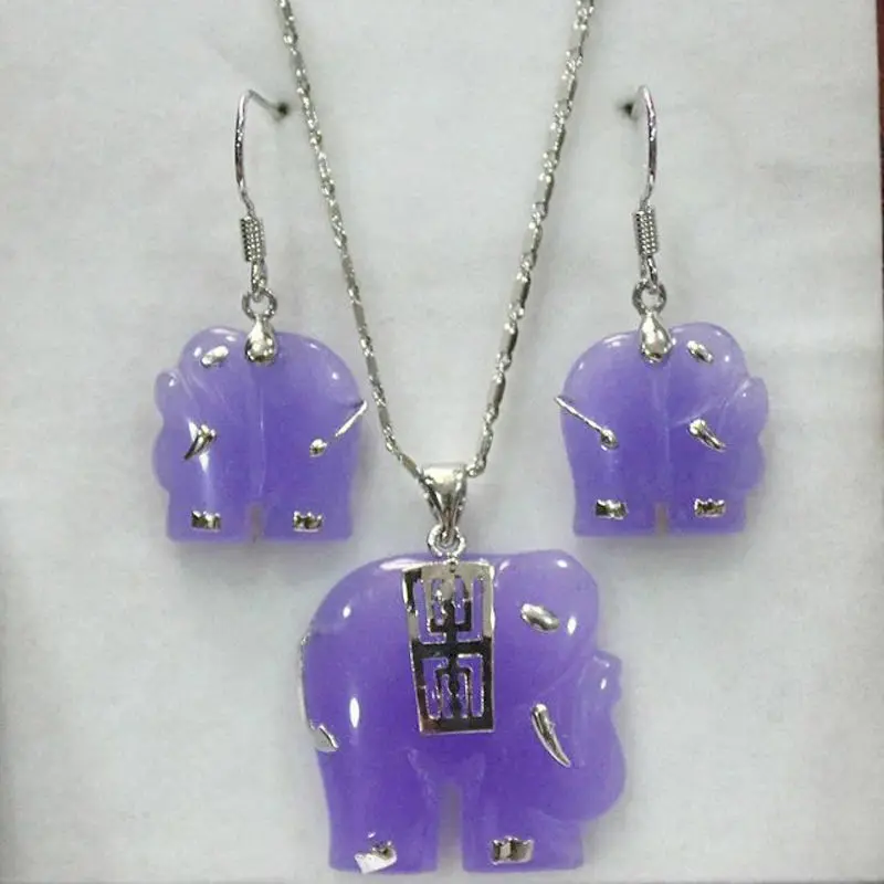 

Fashion jewelry Set AAA+ Purple Jade Carving Elephant Pendant Necklace +Earring