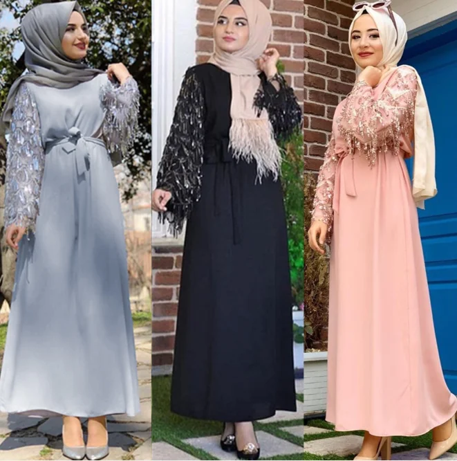 Новинка 2021, арабское платье, мусульманское модное платье с бахромой и блестками, платье с длинным рукавом, одежда для девушек с перекрестным...