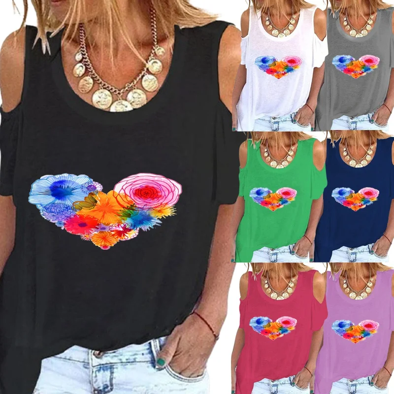 

Summer Women's Fashion Hearts Printed Off Shoulder T-shirt Casual Loose Round Neck Short Sleeve Shirt Blouse Tops Plus Size