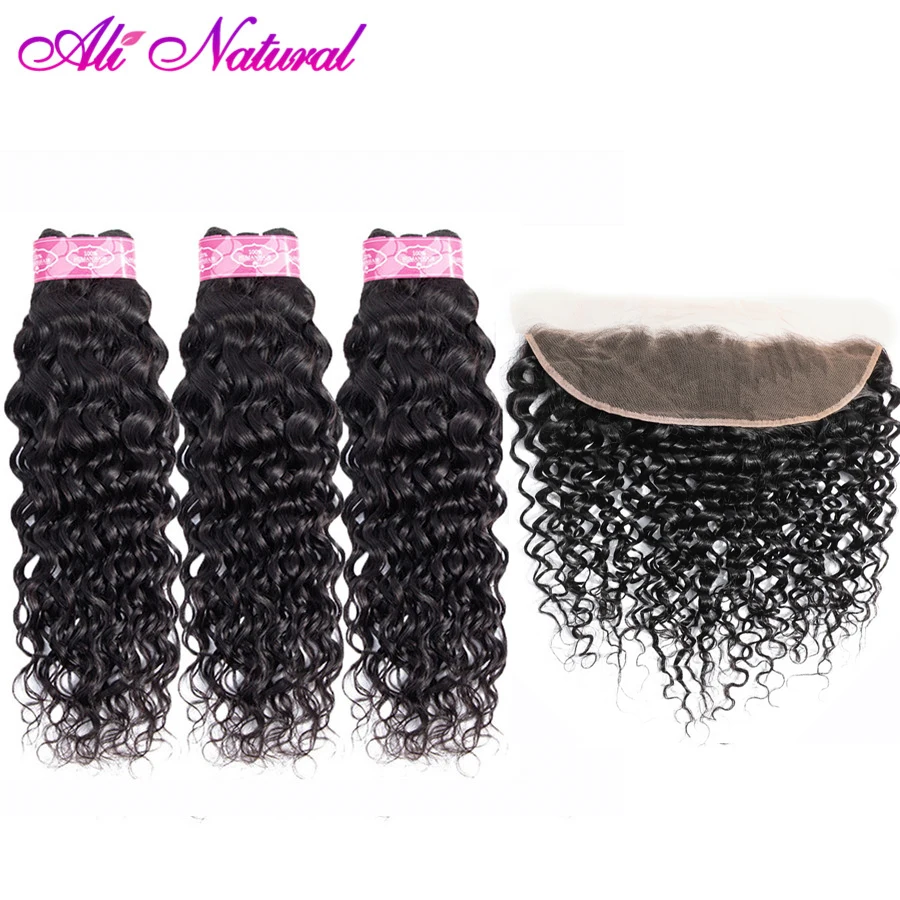 Перуанские пучки волос с фронтальной натуральный Цвет водная волна 3 Связки 13x4