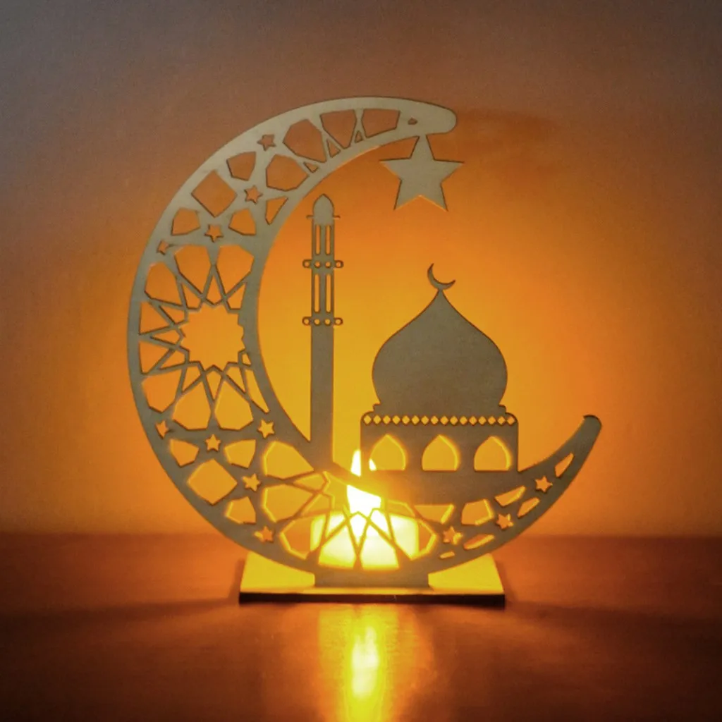 

Wooden Ramadan Eid Mubarak Decorations For Home Moon Led Candles Light