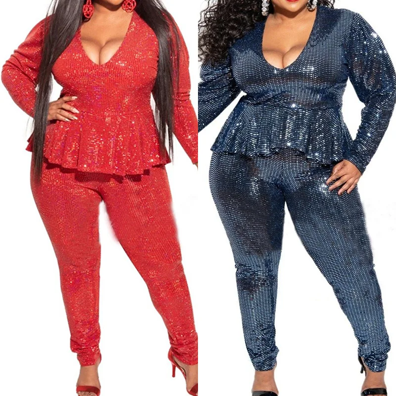 

Рубашка с длинным рукавом и оборками, с глубоким v-образным вырезом и блестками, женские брюки-карандаш, повседневный комплект, Осенний Модн...