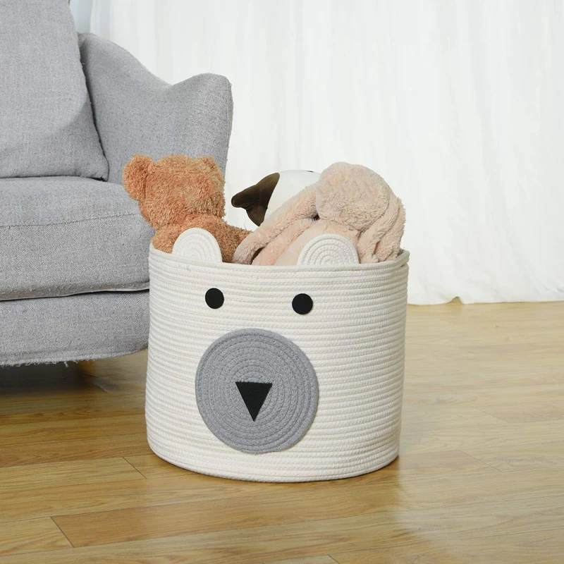 

NEW Cotton Rope Bear Storage Bin with Handles Storage Basket for Kids Toys Woven Laundry Hamper Baby Nursery Organizer