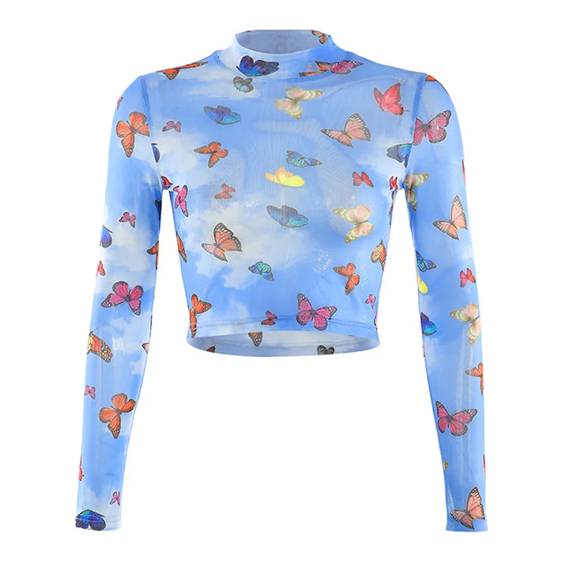 Sexy Women's See through Lace Mesh Sheer Long Sleeve Butterfly Print Crop Top T Shirt Tee Women Clothes Tops | Женская одежда
