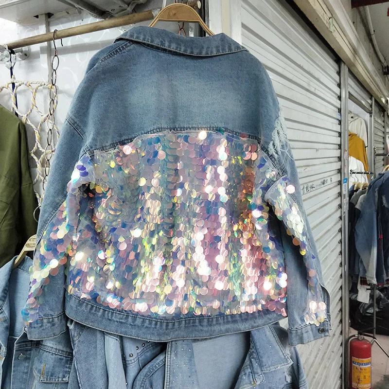 Женская джинсовая куртка с блестками синяя блестящая Куртка Свободного Покроя в