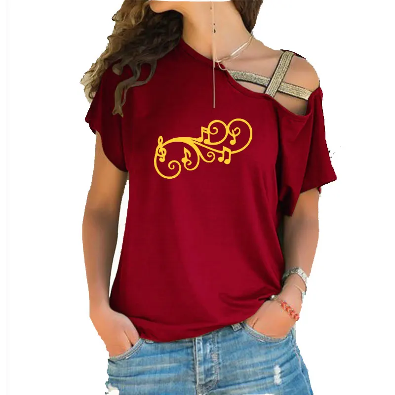 

Wife Gift Music Note Letter Print T-shirt Women Cotton Irregular Skew Cross Bandage Tshirt