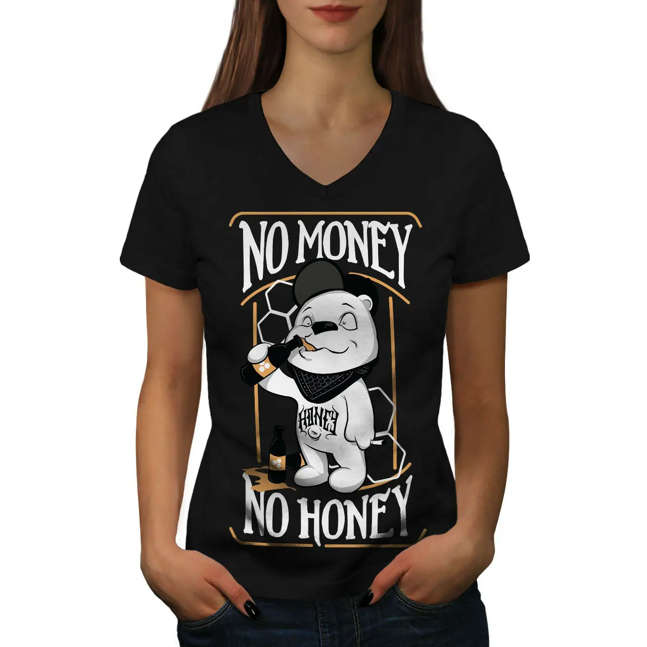 Забавная женская футболка с V-образным вырезом No Money Honey Beer | Женская одежда