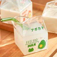 cute glass milk box with straw heat resistant cartoon mini square milk container cup 380ml water cup kawaii mug kawaii bottle