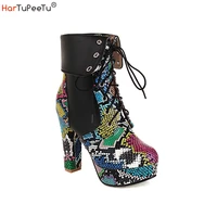 women snakeskin platform booties chunky high heels ankle boots autumn winter colorful snake print patchwork pu leather shoes
