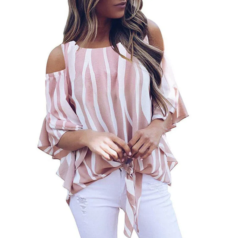 

Ruffles Sexy Shoulder Fashion Half Tops Plus Bowknot Women Elegant Sleeve New Blouses Shirt Blouse Size Summer Striped Off Sexy