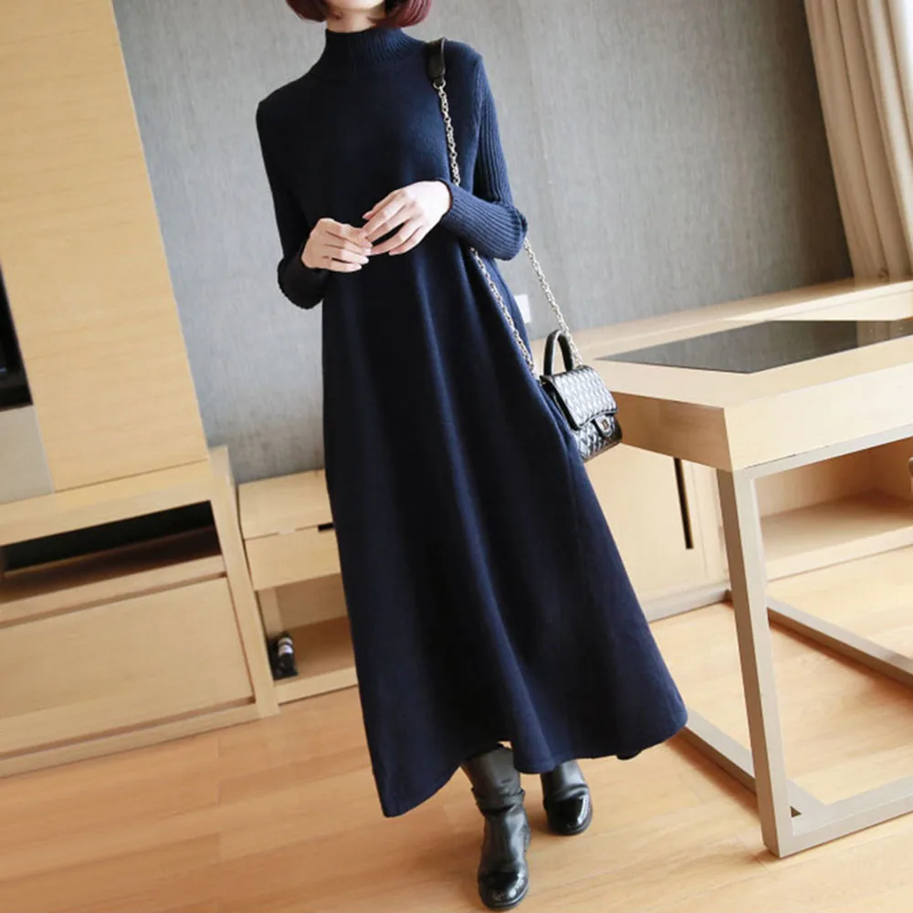 

Autumn Winter Warm Knitted Dress Women 2020 New Plus Size Women Casual Loose Sweater Long Dresses Turtleneck Sweater Dress