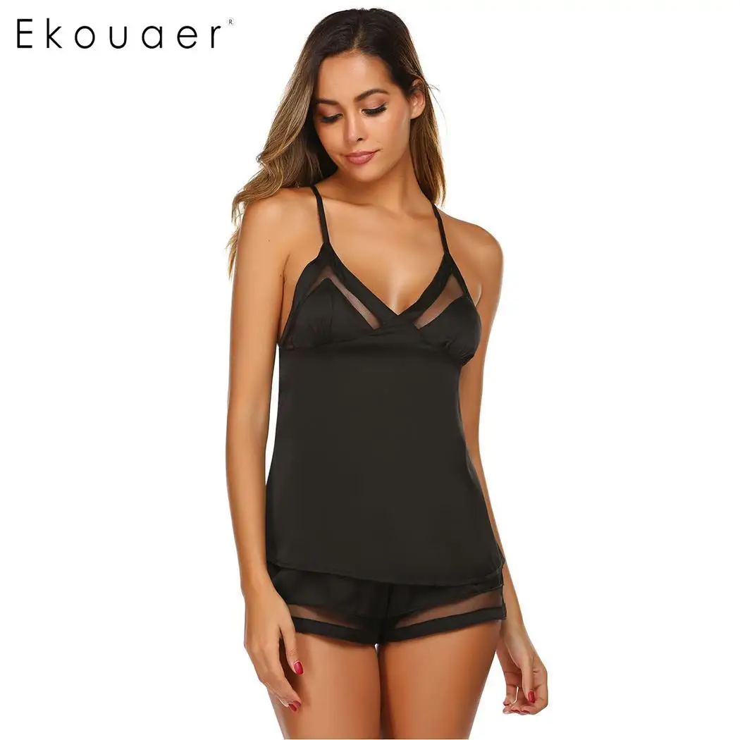 black Ekouaer атласная пижама женская летняя одежда для сна комплекты без рукавов топы на бретельках с шортами пижамный комплект ночные рубашки пижамы - Цвет: black