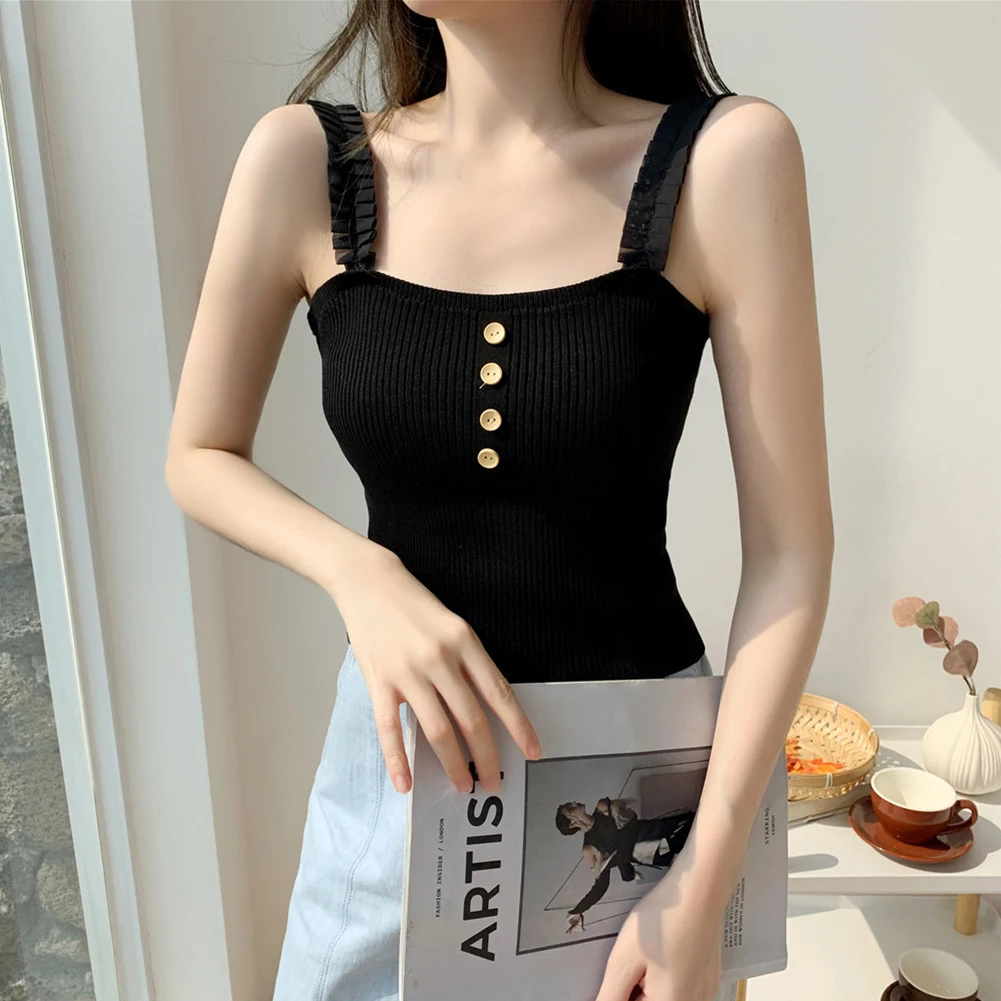 

Sexy Women Solid Color Ruffle Lace Straps Camisole Ribbed Buttons Tank Top Vest