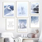 Зимний снег горный лес лисица деревянная кабина настенная живопись холст скандинавские постеры и печать, Картина Настенная для декора гостиной