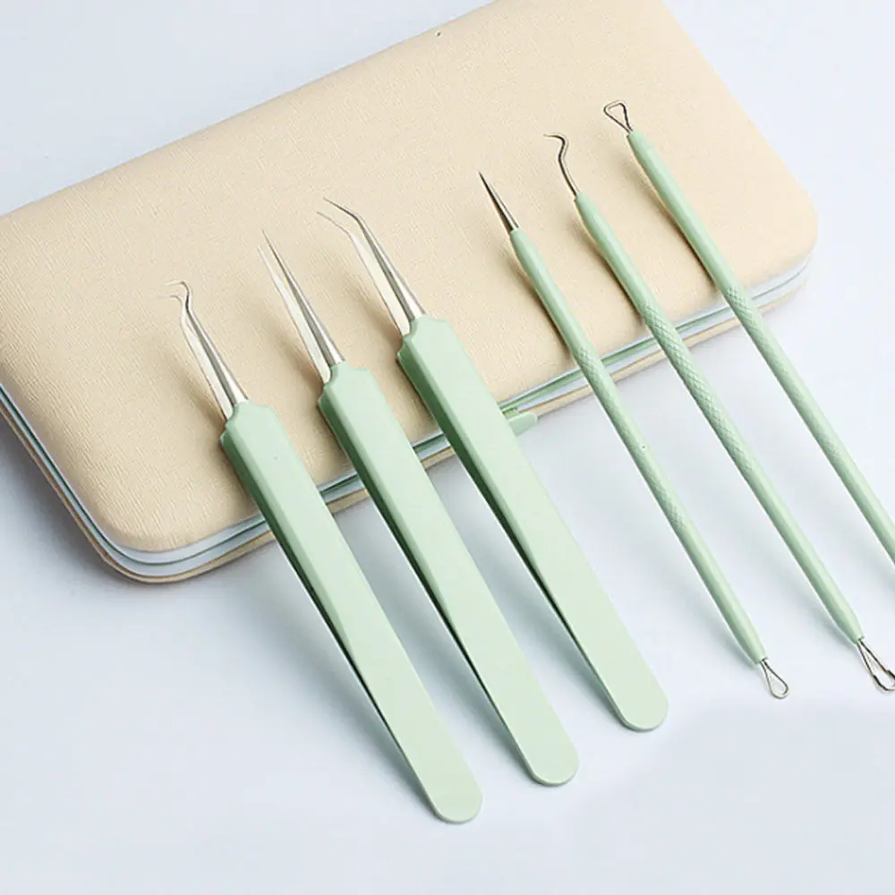 

1 Set 6 Pcs Convenient Pimple Tweezers Wear-resistant Acne Clips (Green)