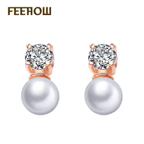 Rose Gold 5 FEEHOW модные свадебные Букле д 'ореиль ювелирные изделия элегантные циркониевые кристаллы цветок жемчужные серьги для женщин подружки невесты подарок FWEP075 - Окраска металла: Rose Gold 5