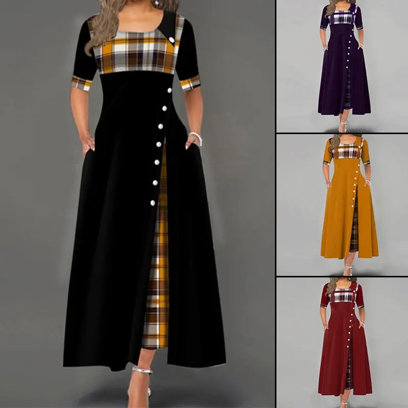 

S-5XL Plus Size Women Long Dress 2020 New Summer O Neck Short Sleeve Plaid Splicing Button Casual Party Long Dress Robe Femme