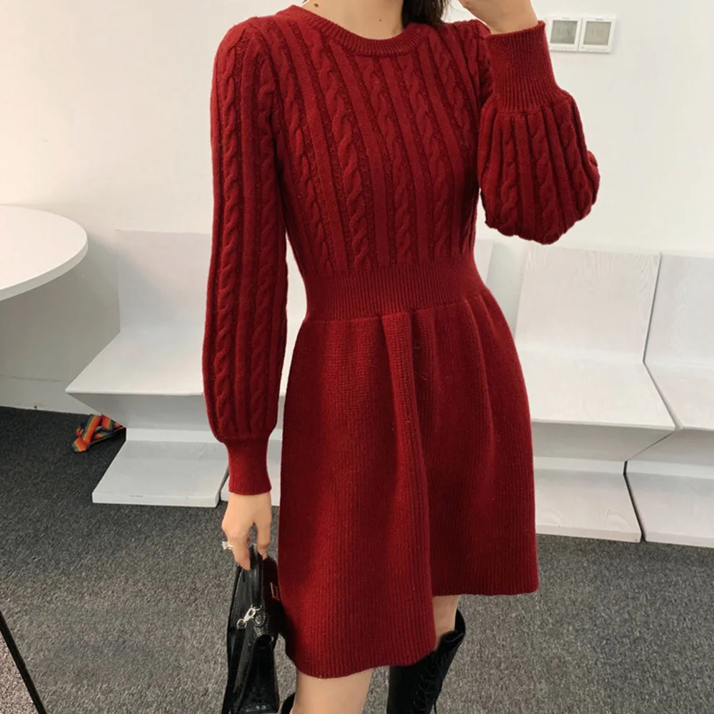 

Women Slim Dress Sweater Twist Stitching Fall And Winter High Waist Slim Knitted Skirt College Style Sweet Lady Korean Fashion