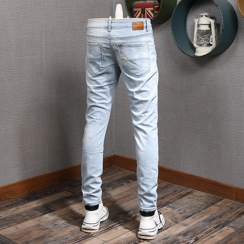 Summer Men Light Blue Ripped Jeans Men Streetwear Casual Slim Fit Denim Pants Cotton Trousers