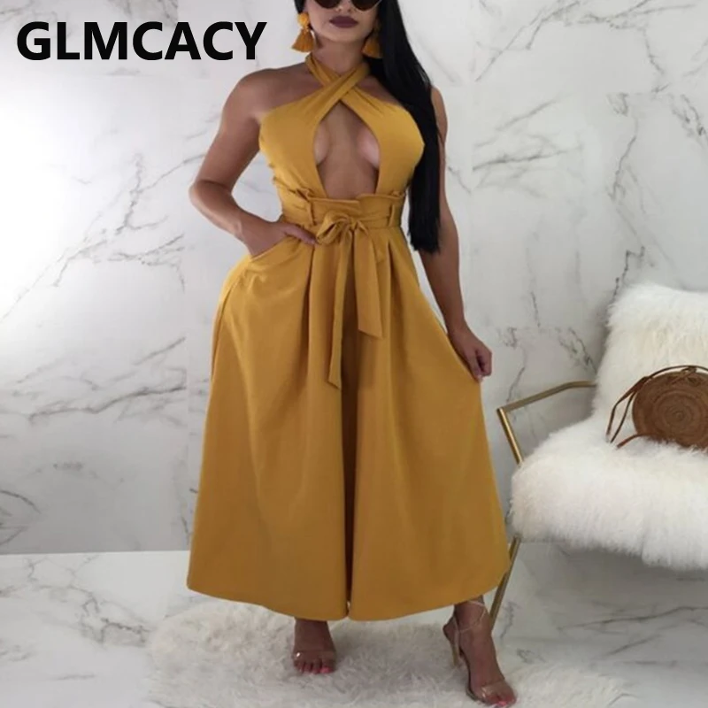 

Halter Backless Belted Jumpsuit Wide Leg Pants Overalls