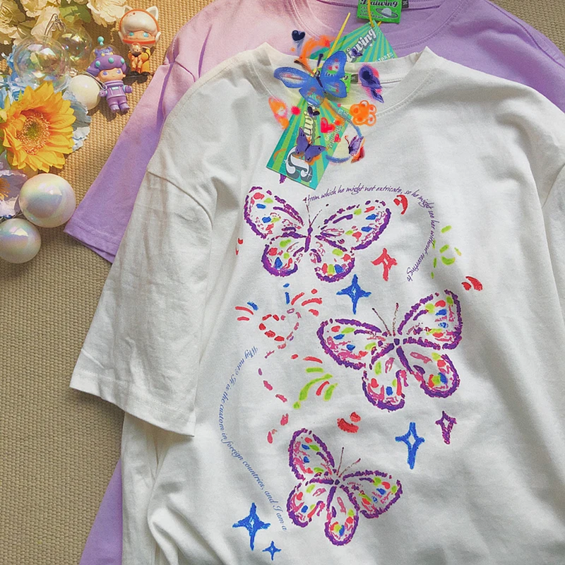 

Color butterfly Graphic vintage clothes Oversized t-shirt White Aesthetic Y2K Summer fairy grunge O-neck Short Sleeve T-shirts